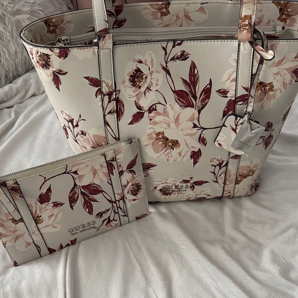 GUESS Cream Floral Tote with Matching Pouch in Burgundy and Blush